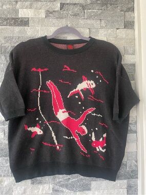 Women’s HAPPY SHEEP Short Sleeve Silk & Cashmere Sweater-Diver & Fish—Small